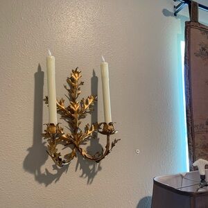 Vintage Italian Gold Gilt Metal Double Tulip Candle Wall Hanging Taper Sconce